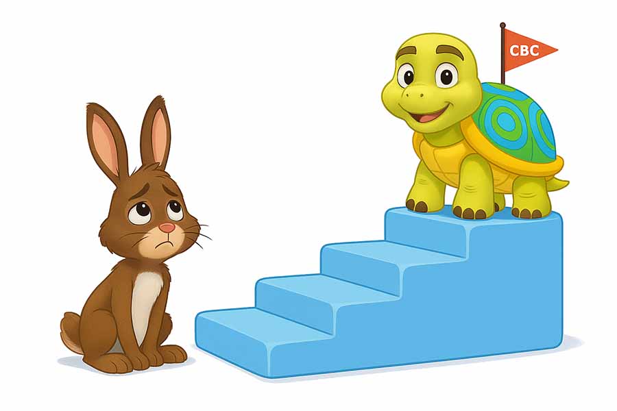Speedy Turtle on a high step with a flag, while Rascal Rabbit is on a lower step.