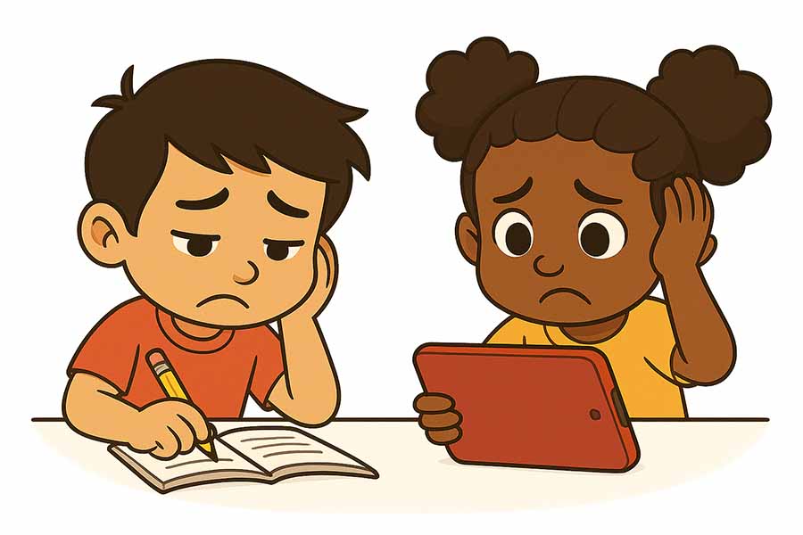 An illustration showing a boy and a girl happily learning together